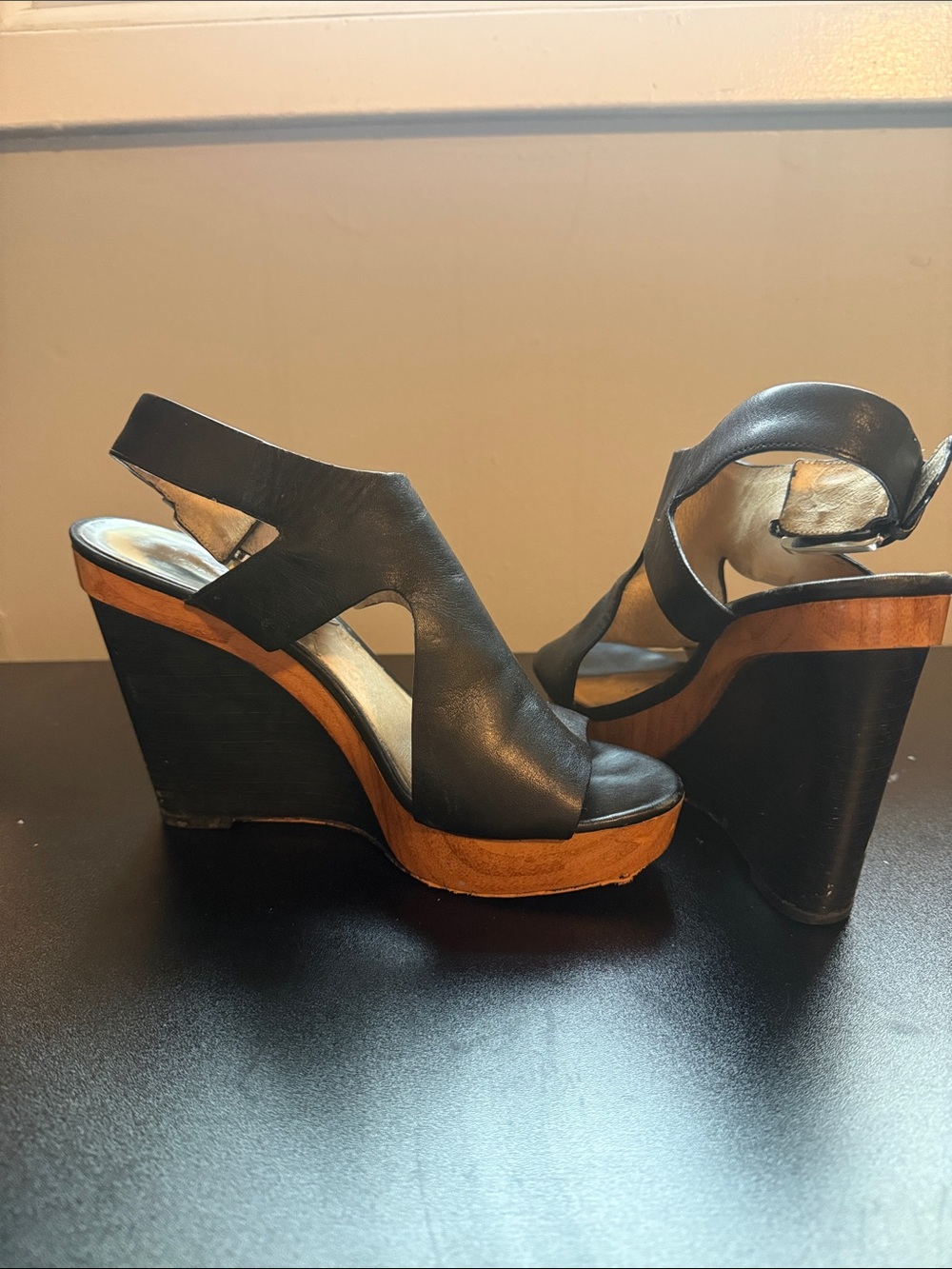 MICHAEL Michael Kors Black Leather Wedge Sandals with Wood-Trim Platform